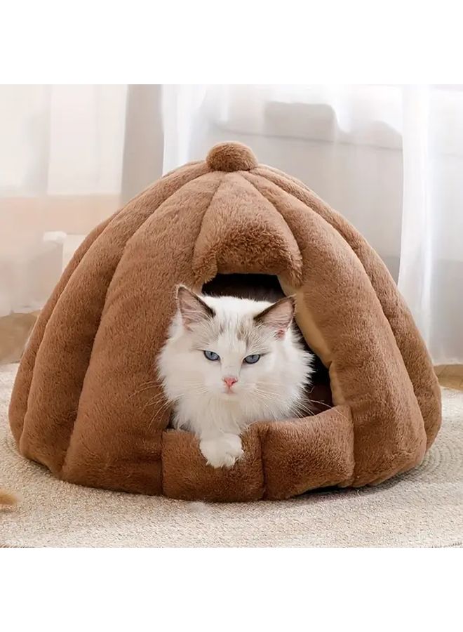 Large Khaki Plush Mongolian Cat Bed Warm Half Enclosed Dome Tent For Cats And Small Dogs - Image 5